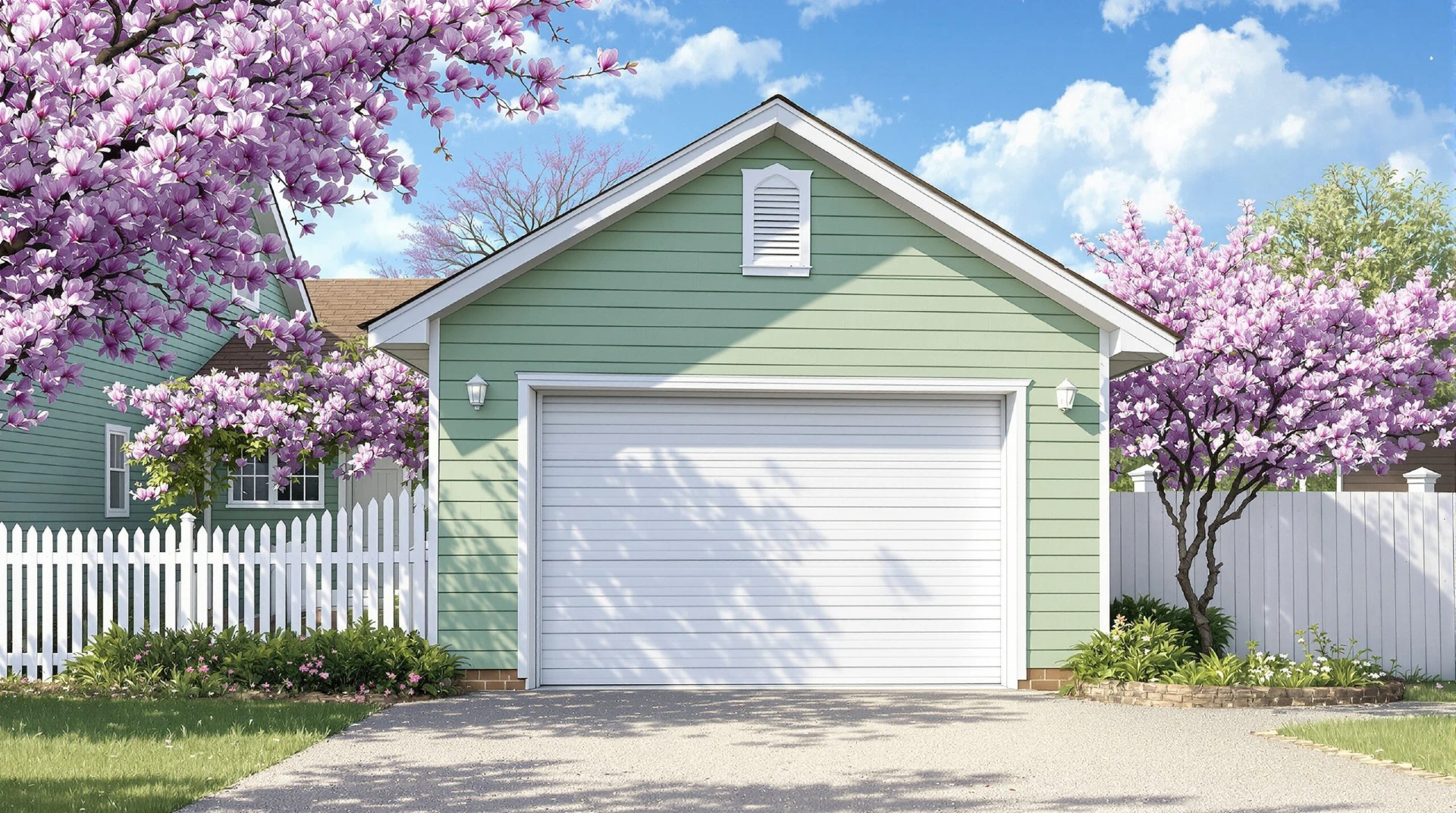 White roller garage door on a sage green weatherboard garage, framed by pink blossom trees and a white picket fence