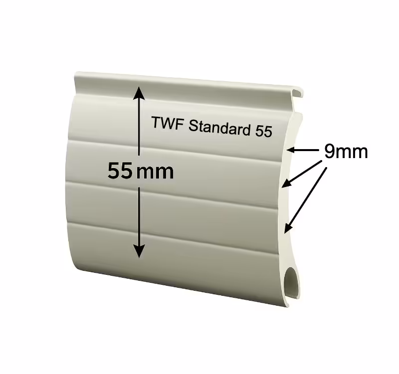 55mm x 9mm Slats (1200mm to 2500mm width including guide runners and 2400mm height including 205mm top box). Extra height available with 250mm top box.