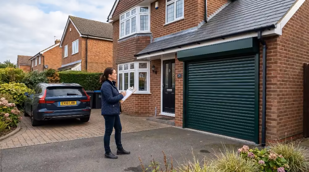 Homeowner checking planning details for an electric roller garage door on a UK driveway